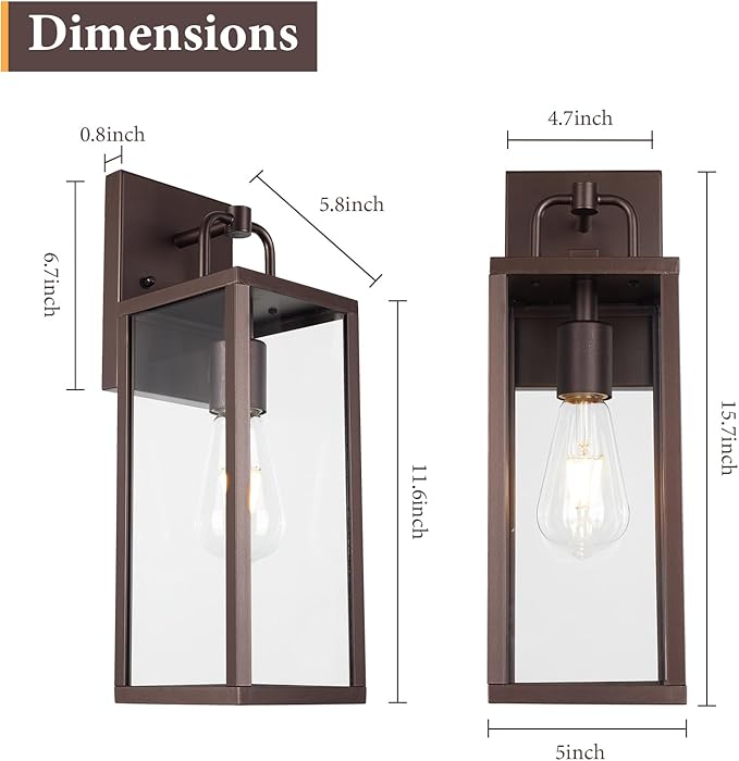 Transitional Outdoor Wall Sconce Light, 16 Inch Tall Modern Exterior Wall Lighting with Clear Glass, Anti-Rust Powder Coat Bronze Outside Lantern Lamp for Front Porch Doorway Patio, 1 Pack