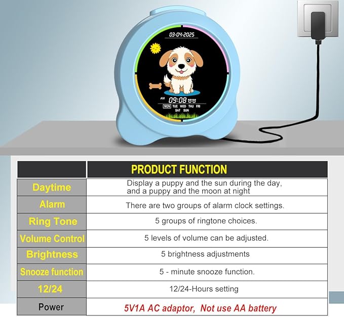 Kids Alarm Clock Sun & Moon& Dog LED Display with Day & Date OK to Wake Clock with Night Light for Kids Children's Sleep Trainer Gift for Boy and Girls