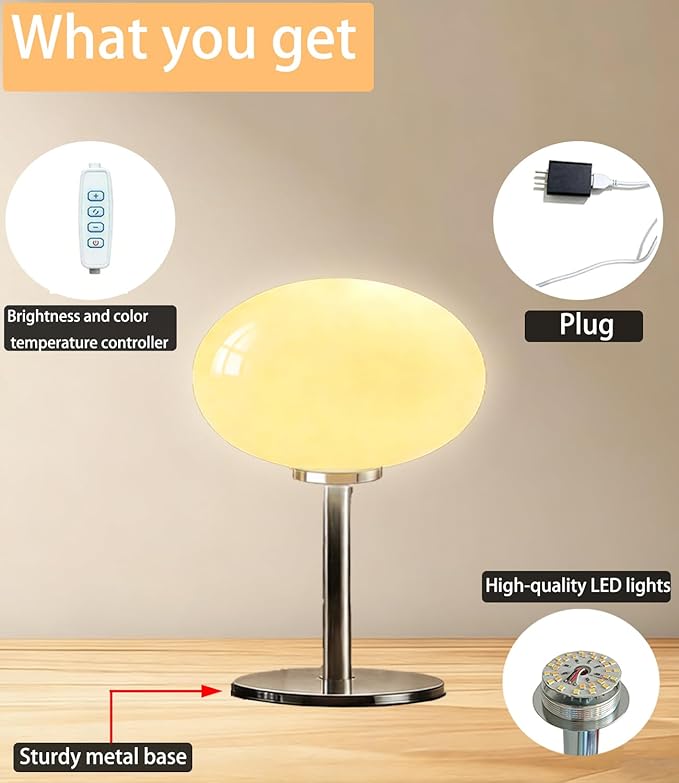 Glass Mushroom Lamp, Mid Century Dimmable Lamp 3 Color Temperatures Table Lamp for Bedroom Living Room Bedside Lamp, Cute Lamp Modern Small Lamp (8W, Beige)