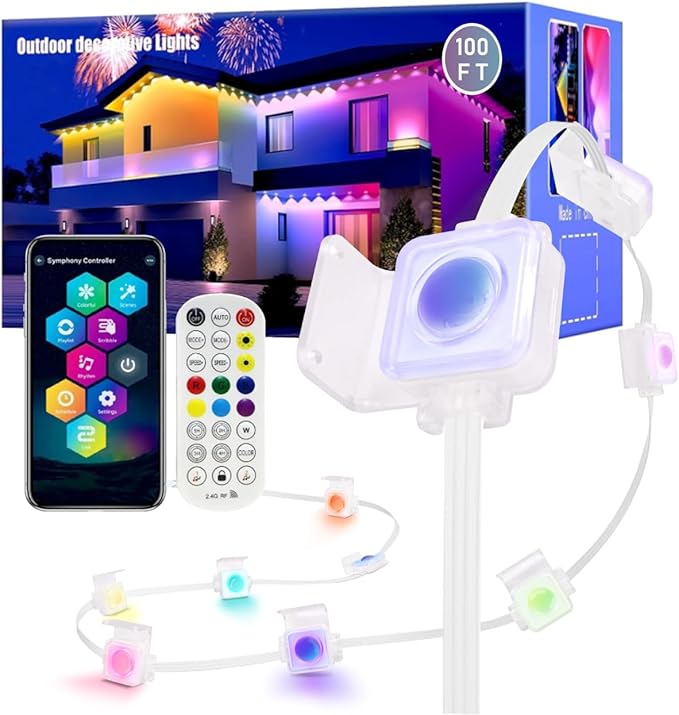 Permanent Outdoor Lights, 100FT RGB LED Smart Eaves Lights with 60 LEDs, IP67 Waterproof, Remote/APP Control, DIY Scene Modes, Music Sync Lighting for Party, House, All Holiday Decorations