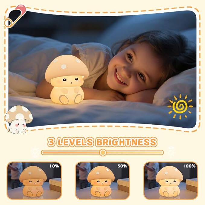 Mushroom Night Light Lamp, Soft Squishy Silicone Nursery Light with 2 Brightness Level, Touch Dimmable Baby Nightlight, Rechargeable Kid Lamp Kawaii Mushroom Gifts for Kids Baby Girls Women (Yellow)