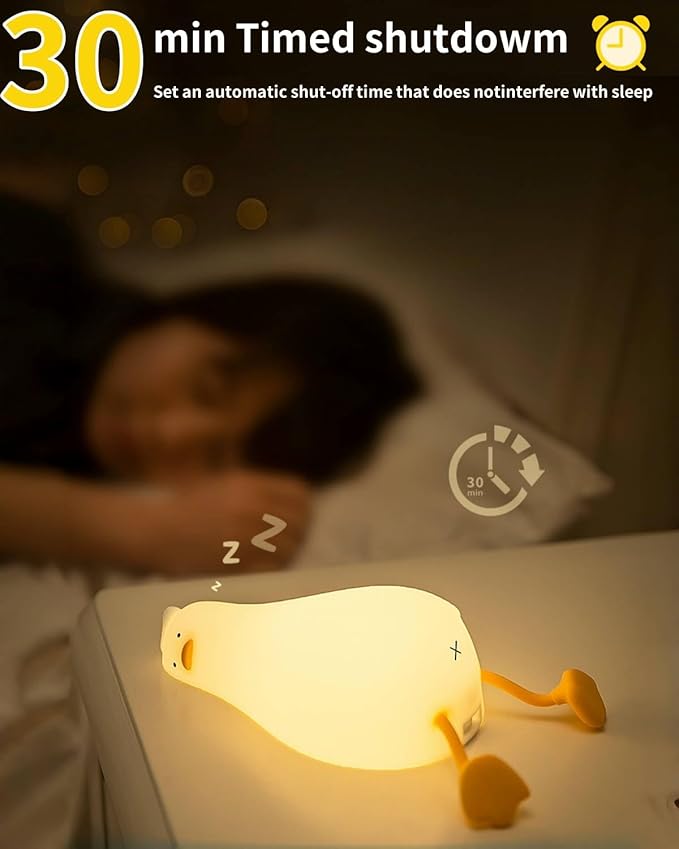 Lying Flat Duck Night Light, Squishy Duck Lamp with Tap Control, 30-Min Auto-Off Timer, Rechargeable Silicone Bedside Lamp for Kids Adults, [Easter Gifts]