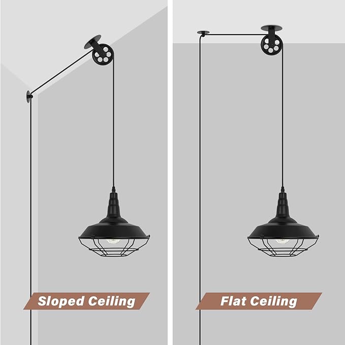Farmhouse Black Metal Wire Cage Plug in Pulley Pendant Lights with 19.4ft Adjustable Cord On/Off Switch, Industrial Vintage Barn Hanging Ceiling Light for Kitchen Island Hallway Foyer (2 Pack)