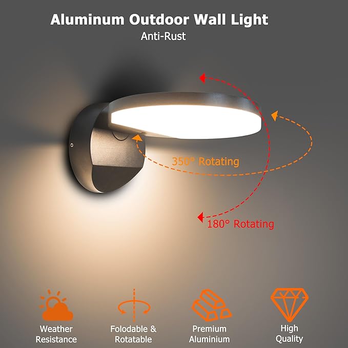 Outdoor Wall Light, 18W 1980LM Black Aluminum Outdoor Lights IP65 Waterproof Rotatable Sconce Lighting, LED Porch Lights 3000K Foldable Patio Wall Light Fixture for House Garage Round