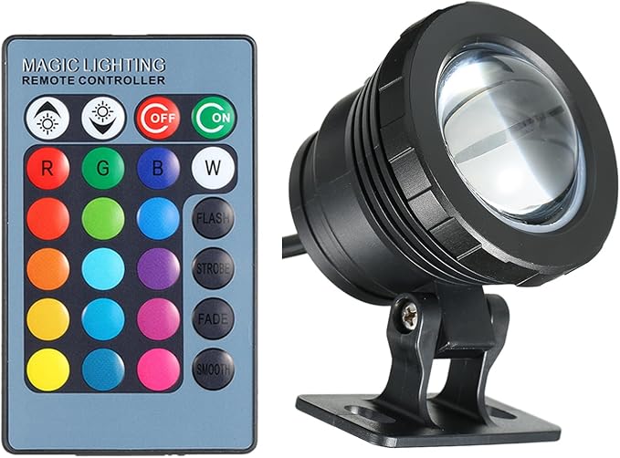 Dioche ACDC 12V 10W RGB LED Underwater Light - Remote Controlled 16 Color Changing Effect for Pools, Aquariums, and Fountains, IP65 & Energy-Efficient Design (Black)