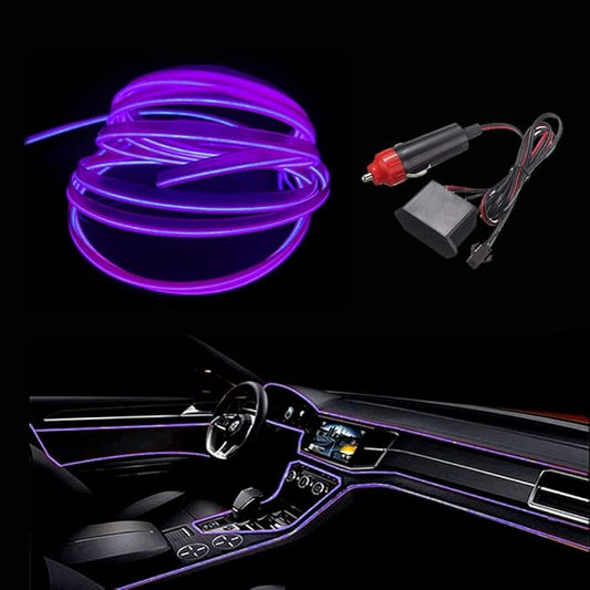 MaxLax Purple LED Neon Car Interior Lighting Strip - 3 Meter Flexible 12V EL Wire with Built-in Fuse Protection for Automotive Interior Customization, Featuring 6mm Sewing Trim for Easy Installation.
