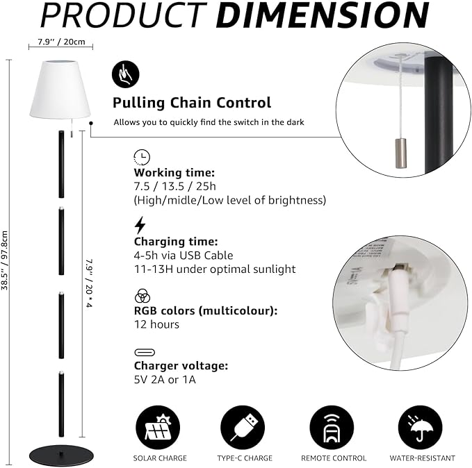 Solar Outdoor Floor Lamp USB Rechargeable Cordless Dimmable RGB Warm White LED Lights for Yard Garden Patio