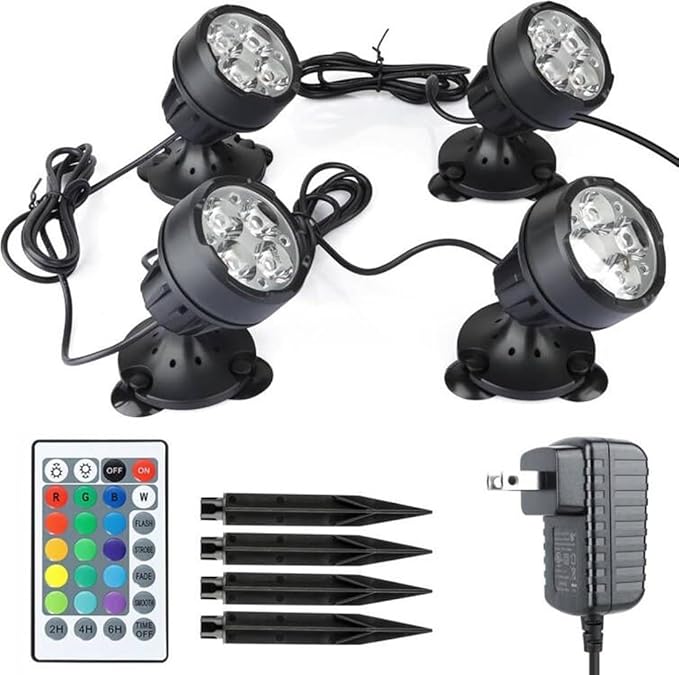 Pond Lights Colored with Timer Underwater Fountain Light Spotlights Dimmable IP68 Waterproof Submersible LED Light with Spiked Stand for Outdoor Yard Landscape Pond Fountain (Set of 4)