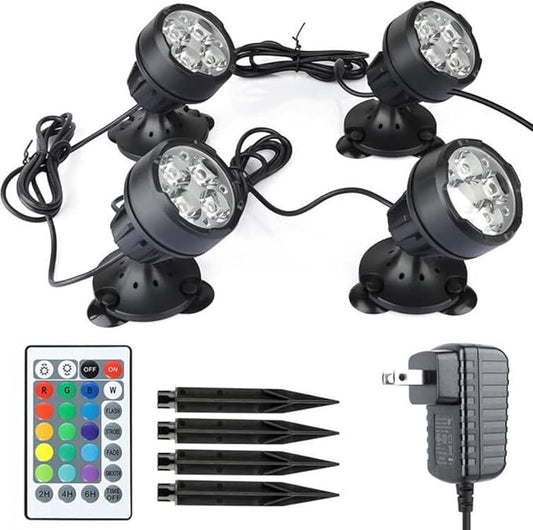 Pond Lights Colored with Timer Underwater Fountain Light Spotlights Dimmable IP68 Waterproof Submersible LED Light with Spiked Stand for Outdoor Yard Landscape Pond Fountain (Set of 4)