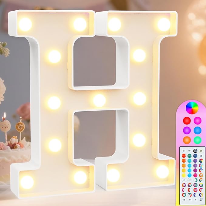 Pooqla Colorful Light Up Letters with Remote, Upgraded 35 Colors LED Marquee Letters, RGB Lighted Letter for Girls Teenager Gift, Birthday, Party, Wedding, Night Light, Room, Bedroom Decor, Letter H
