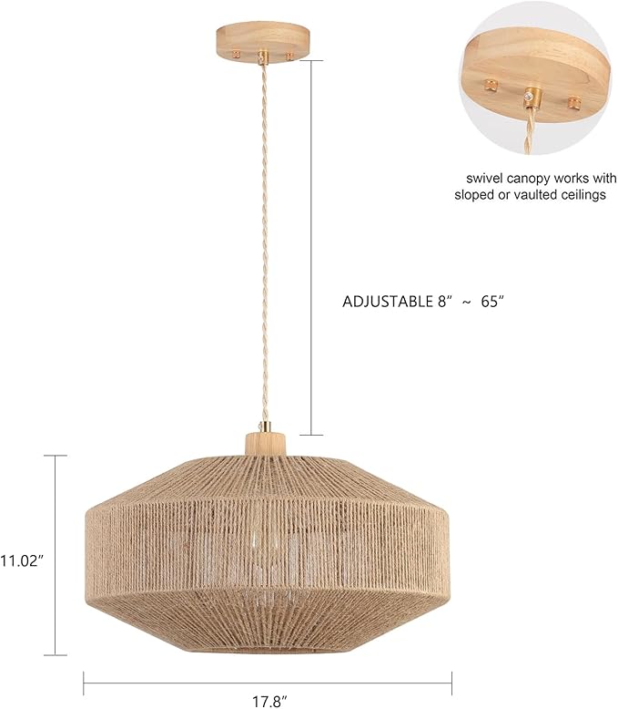 Coastal Large Woven Pendant Light Fixture 17.8 inch One-Light Adjustable Natural Hemp Rope Cage Pendant Lighting for Kitchen Island Dining Room Living Room Farmhouse