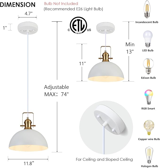 12 Inch Pendant Lights for Kitchen Island Matte White Farmhouse Pendant Light fixtures Adjustable Height Dome Hanging Light for Dinning Room Bedroom Hallway,2 Packs