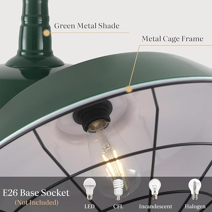 Green Industrial Pendant Lights Kitchen Island, 18.1 Inch Large Pendant Light, Farmhouse Pendant Light with Wire Cage, Barn Pendant 2 Pack, Island Pendant Lights for Kitchen Dining Room