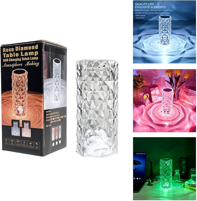 Rose Diamond Table Lamp RGB Color Changing Crystal Night Light, Touch Control Bedside Lamp with USB Rechargeable & Remote, Atmosphere Lamp for Mother's Day Valentines Wedding Decoration