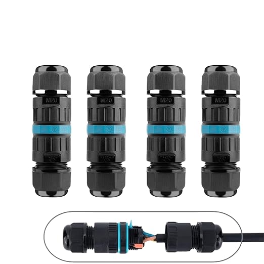 M20-3pin IP68 Waterproof Wire Connectors,Black Weathertight Electrical Connector for Outdoor Junction Box, Low Voltage 3 Wire Waterproof Splice Kit, Extension Cord Connector（ 4PCS ）