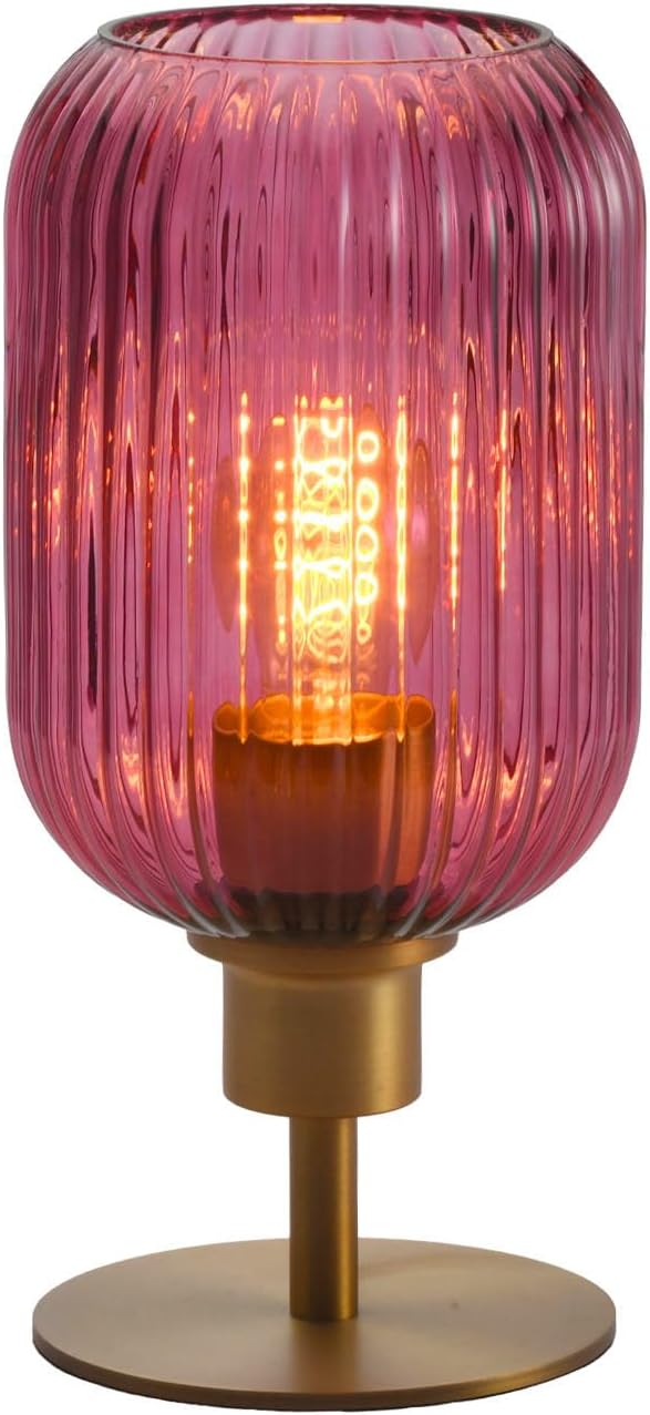 Mid Century Glass Table Lamp,Dimmable Desk Lamp,LED Bulb Included,Timer Build-in,Purple Ribbed Glass