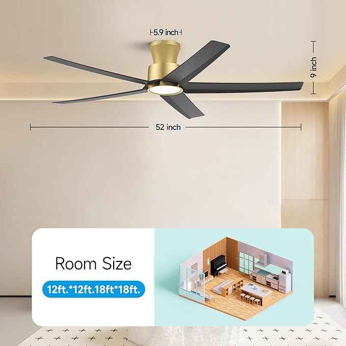 ocioc 52 inch Ceiling Fans with Lights, Large Air Volume Ceiling Fans with Reversible Quiet DC Motor and Remote 2 Pack（Black-Gold）