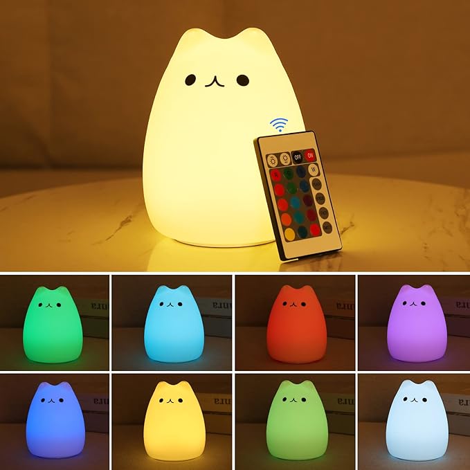 ZKLiLi Night Light for Kids Lamp, 16 Colors Lamp Cute, Dimmable Baby Night Lights for Nursery,Silicone Rechargeable Nightlight for Kids Room, Kawaii Room Decor (renqicat-Remote)