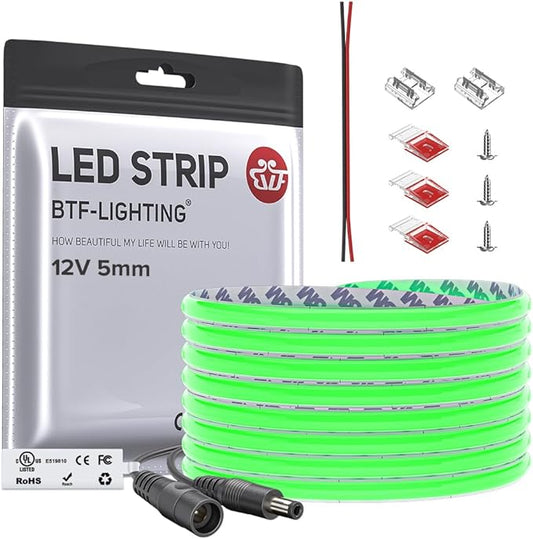 BTF-LIGHTING FCOB COB LED Strip Green Color 5mm Width UL Listed Super Narrow Flexible Uniform Light DC12V 16.4FT CRI 90+ Dimmable LED Ribbon for Bedroom Home Indoor Decor(No Adapter or Controller)
