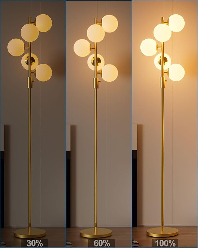 Lightdot Dimmable Globe Floor Lamp Mid Century Modern Floor Lamp with 5Pcs 3000K Bulbs Included Brightness Adjustable Gold Standing Lamps for Living Room Bedroom/Sofa Beside/Corner Decor