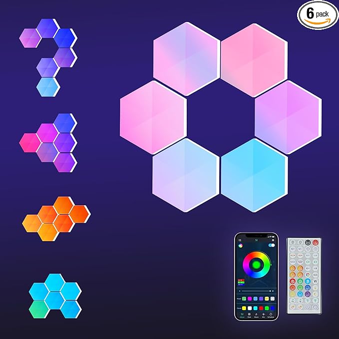 Smart Hexagon Lights DIY Hexagon Led Light App & Remote Controlled & Music Sync Features USB & Type C Modern RGB Wall Panels for Living & Gaming Decor (6Pack)