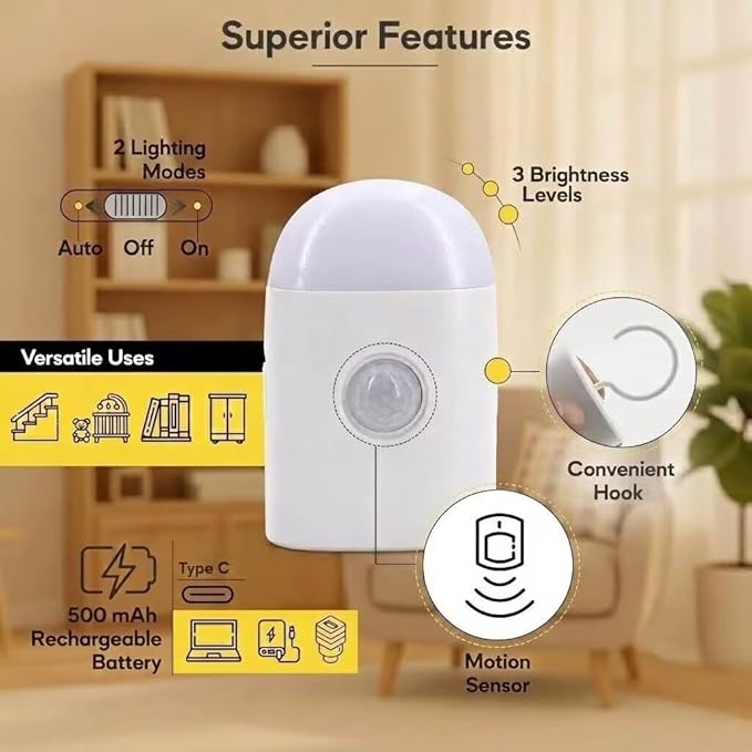 Motion Sensor LED Night Lights Warm White with Adjustable Brightness Rechargeable Battery, with Hook and Stick-On for Cabinet, Wardrobe,Closet,Hallway, Stairs (2 Pack)