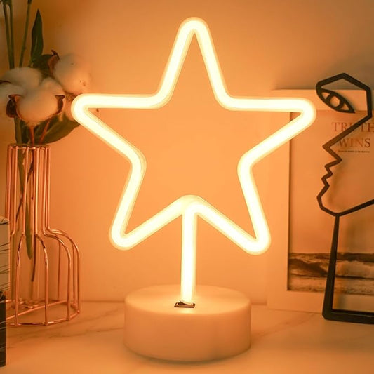 Star Neon Sign with Base, Warm White LED Neon Light, Battery & USB Power Supply, Star LED Light for Home, Bedroom, Study, Store Table, Party Decor, Birthday, Christmas Gifts for Kids, Girls, Boys
