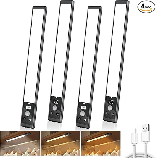 4 Pack 12" Under Cabinet Lights with Digital Display,2200mAh Rechargeable Motion Sensor Light Indoor,3 Color Temperatures, Magnetic Dimmable Closet Lights, Under Counter Light for Kitchen