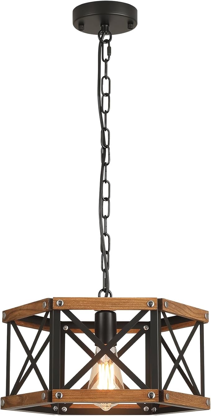 Rustic Farmhouse Wood Pendant Light Fixture One-Light Adjustable Chain 14.5 inch Oak Wood and Metal Cage Hexagon Pendant Lighting for Kitchen Island Dining Room Farmhouse Entry, Black