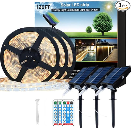 120ft Total (3x40ft) - 3 Pack Solar Led Strip Lights Outdoor, 8 Mode with Remote Timer and Auto On/Off, Self-Adhesive Waterproof, Great for Yard, Garden, Stair and Sidewalk Decor, Warm White