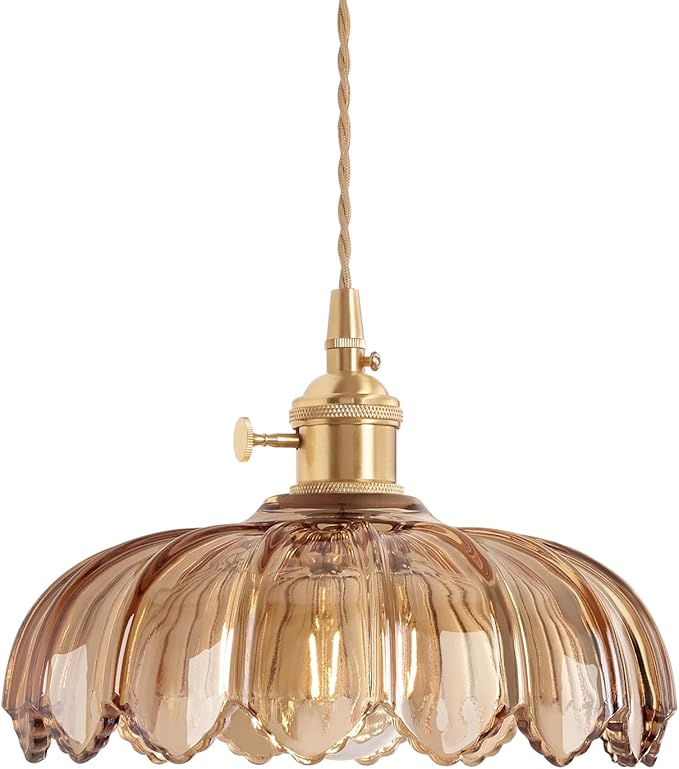 Pendant Light with Amber Scindapsus Glass Lmapshade, Brass Vintage Pendant Light Adjustable Hanging Light for Kitchen Island Dining Room Hallway