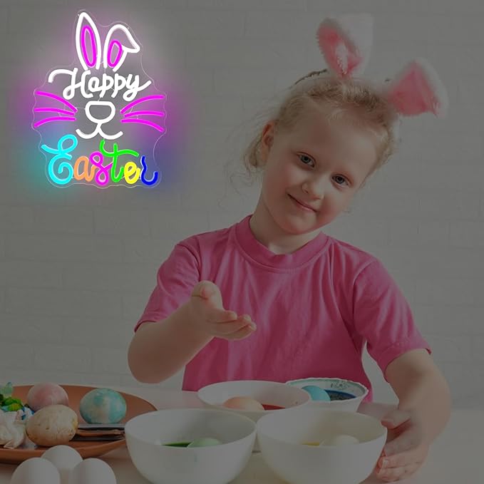 Happy Easter Neon Sign Dimmable Bunny Neon Sign for Wall Decor Led Easter Neon Window Sign, Hanging Neon Light Signs for Party, Bedroom