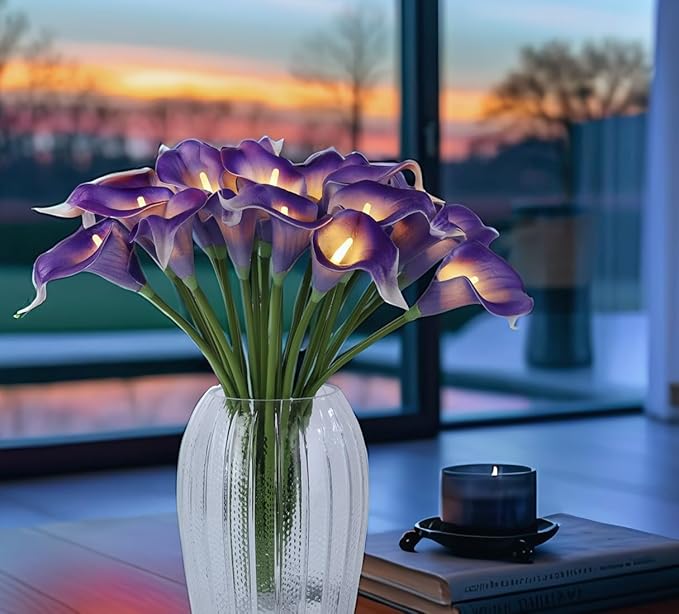 20pcs Lighted Artificial Calla Lily Bouquet Light Faux Floarl Night Light Real Touch Flower Night Lamp LED Calla Lily lighted Artificial Flower for Holiday Gifts Home Kitchen Decor(Purple, No Vase)
