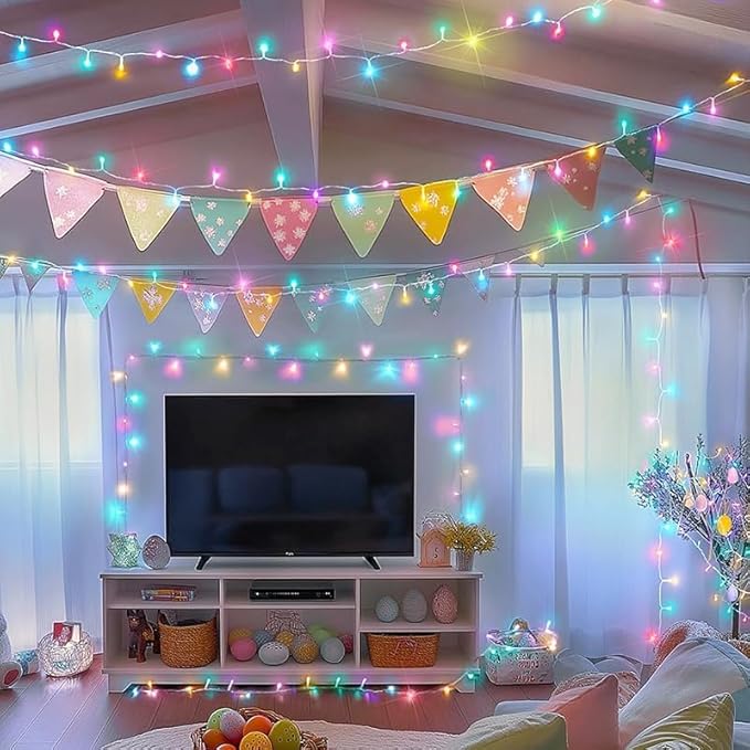 LAMPHOME 21.6ft 100 LED Easter String Lights, Plug-in Connectable Waterproof Outdoor Indoor Christmas Lights, White Wire Colorful Fairy Lights for Party Garden Decor