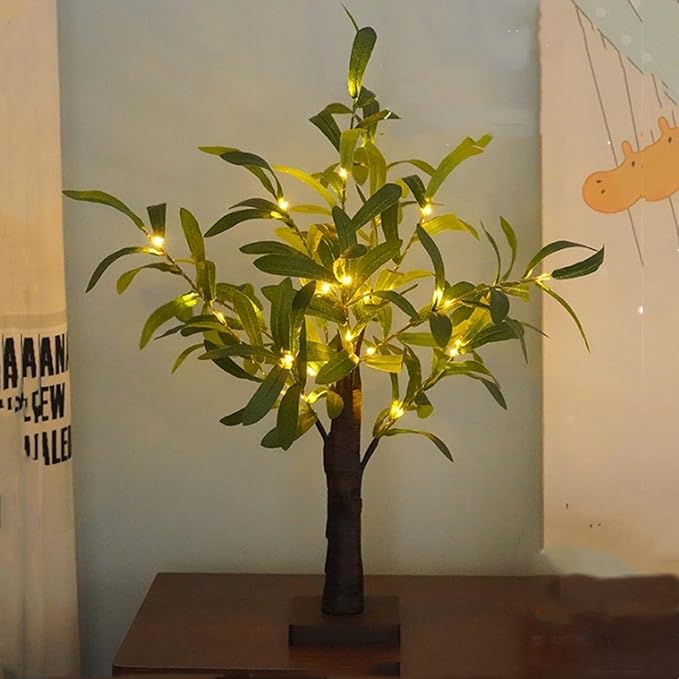 21.6Inch Olive Leaf Tree Light for Tabletop,Mini Light up Tree Bonsai Tree with Artificial Olive Leaves and 30 Warm White LEDs, for Fireplace Bedroom Home Party Wedding Christmas Decor