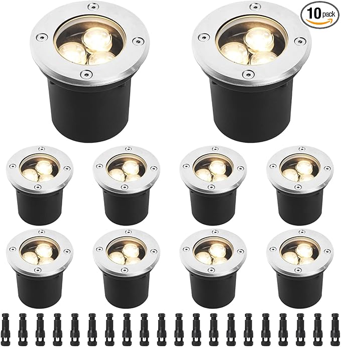 Eaglod Low Voltage LED Well Lights, 3W Landscape Lighting with Connectors, IP67 Waterproof Outdoor In-Ground Lights, Warm White for Garden, Tree, Driveway, Deck, Patio (10Pack, 12V-24V)