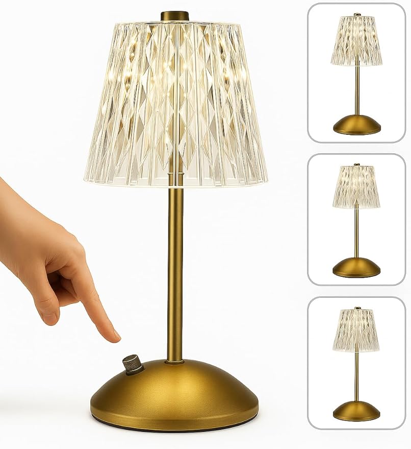 Gold Crystal Table Lamp – Touch Control, 3 Color Dimmable, & Rechargeable LED Lamp, Elegant Bedroom,Office & Living Room Decorative Light