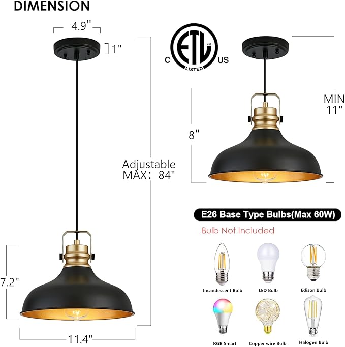 Black and Gold Farmhouse Pendant Lights Matte Pendant Lighting for Kitchen Island Industrial Adjustable Height Vintage Dome Hanging Light Fixtures for Barn, Dining Room 2 Packs