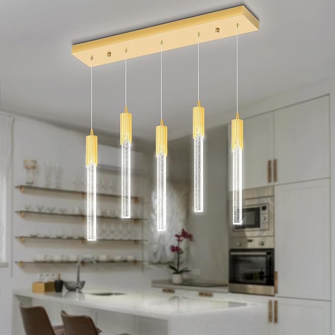 Flashing God 5-Lights Rectangular Pendant Lights for Kitchen Island Gold Linear Crystal Chandelier Modern Chandeliers for Kitchen Island Dining Room
