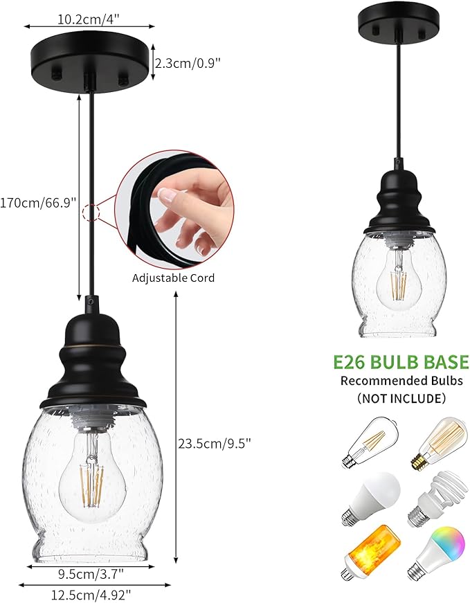 WILON Pendant Lights for Kitchen Island, Seeded Glass Mini Pendant Light Fixtures Farmhouse Pendant Lighting Metal Black Pendant Light Over Kitchen Island Sink Dining Table