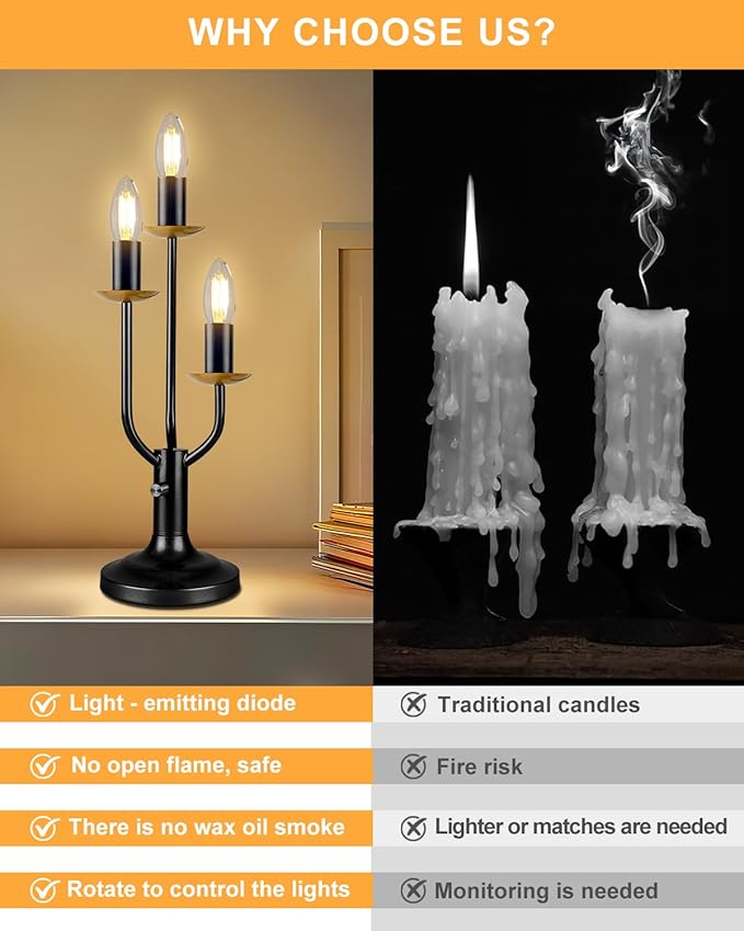 Lightdot Vintage Candle Table Lamp 3 - Light Candelabra Desk Lamp for Wedding/Party, 3000K Warm White Mid Century Nightstand Lamp Dimmable Bedside Lamps for Bedroom/Dining - Black