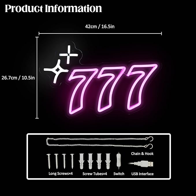 777 Neon Sign Angel Number Neon LED Sign Luck Seven Neon Lights Pink White Star Neon Signs for Wall Lucky Number LED Neon Light Up Sign Neon Light Sign for Bedroom Bar Birthday Party Decor