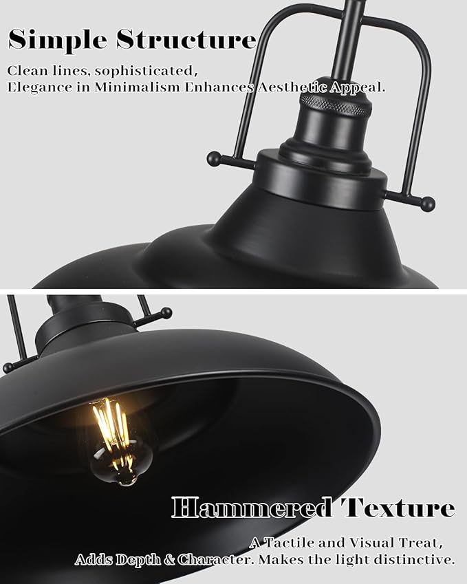 Black Pendant Light Kitchen Island,16 Inch Large Industrial Pendant Lights, Matte Black Pendant Lights, Vintage Farmhouse Pendant Light for Kitchen Island, Dining Room, Hallway (3 Packs)