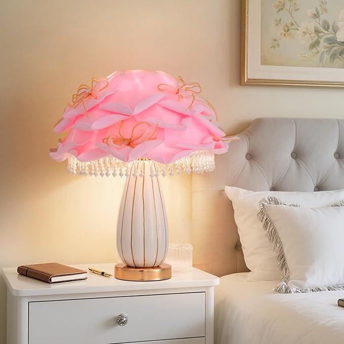 Pink Girls Table Lamp Romantic Bouquet Bedside Lamp Cute Nightstand Light Nordic Table Lamp for Bedroom Living Room Entry Office Study Room Kid Room Valentines Dating Wedding Decor