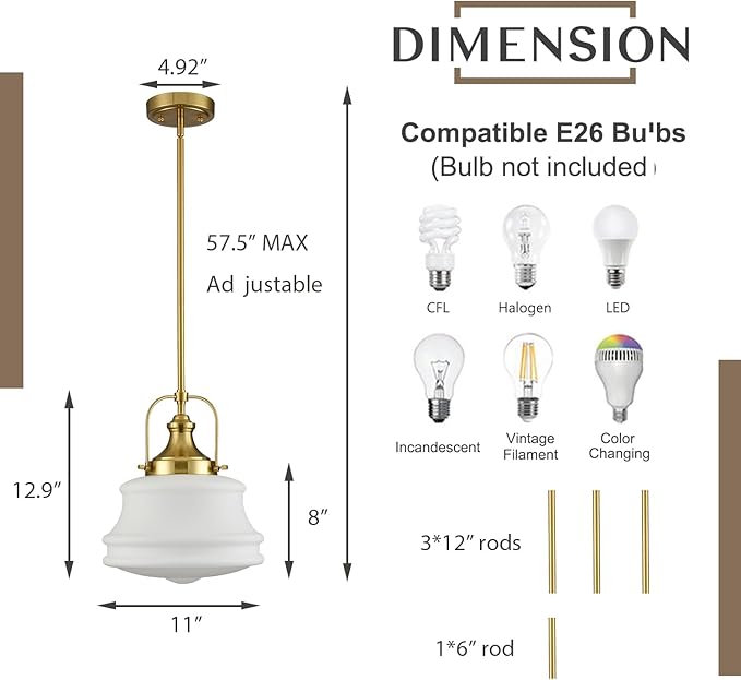 Nautical Gold Pendant Light Fixtures Milk White Glass Schoolhouse Hanging Adjustable Light for Kitchen Bedroom Dining Bathroom