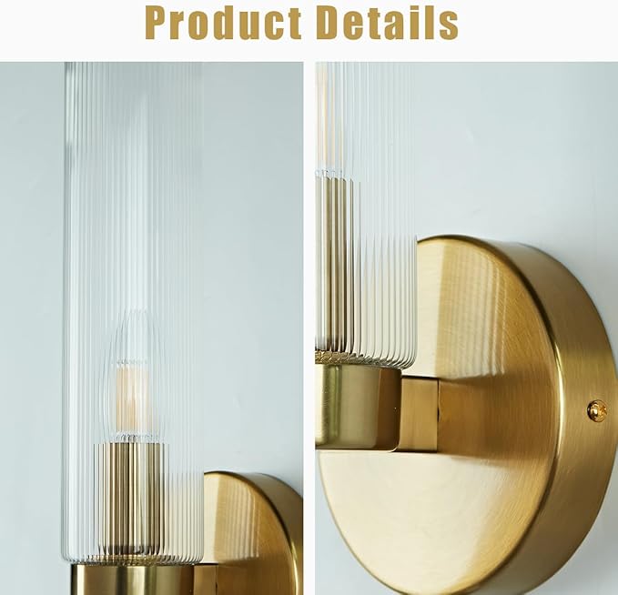 Fluted Textural Glass Wall Sconce, Modern Indoor Vanity Light, Glass Tube Wall Light Fixture with Metallic Finish, Wall Light fixtures for Bathroom, Mirror, Living Room, Bedroom (Brass)