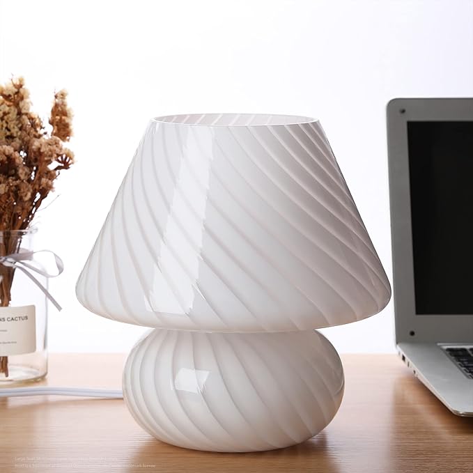 BSOD Swirl Mushroom Lamp, Vintage Bedside Table Lamps 9.9" Striped White Translucent Murano Glass Big Mushroom Decor Night Light for Desk, Bedroom, Nightstand, Home Office, Birthday Gifts...