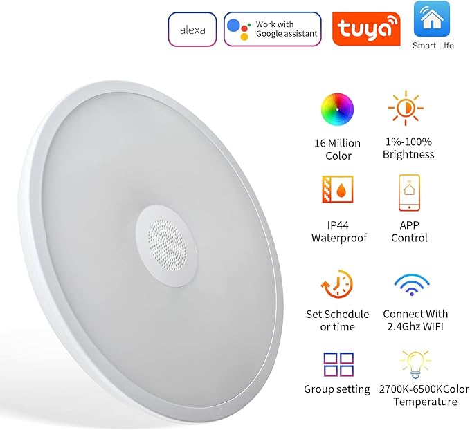 Smart Waterproof LED Flush Mount Ceiling Light Fixture,11 inch 18W,with Bluetooth Speaker,RGB Color Changing Function- Dimmable Lamp,Tuya Application Control-Compatible with Alexa Google Home