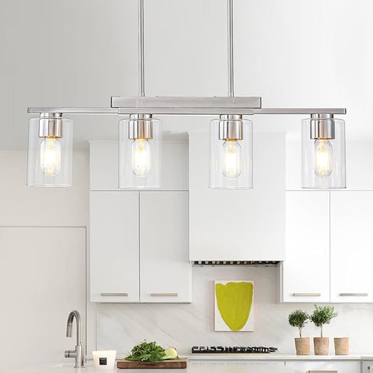 WILON Kitchen Island Lighting, 4 Lights Nickel Sand Linear Chandeliers Modern Farmhouse Chandelier with Glass Shades for Kitchen Island Living Dining Room Foyer Bedroom(Brushed Nickel,4 Lights)