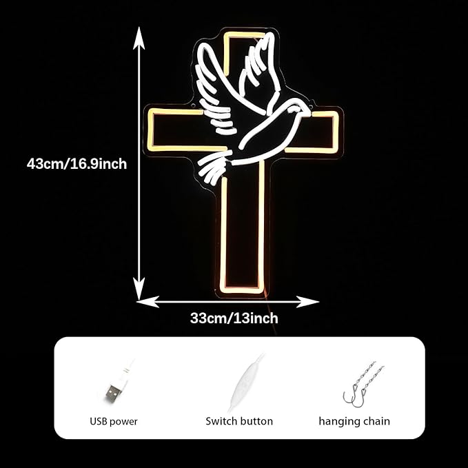 Cross Neon Sign Dimmable Led Easter Cross Neon Light For Wall Decoration White Dove of Peace Neon Light Signs USB Powered Light Up Sign For Festival Party Wedding Home Decor